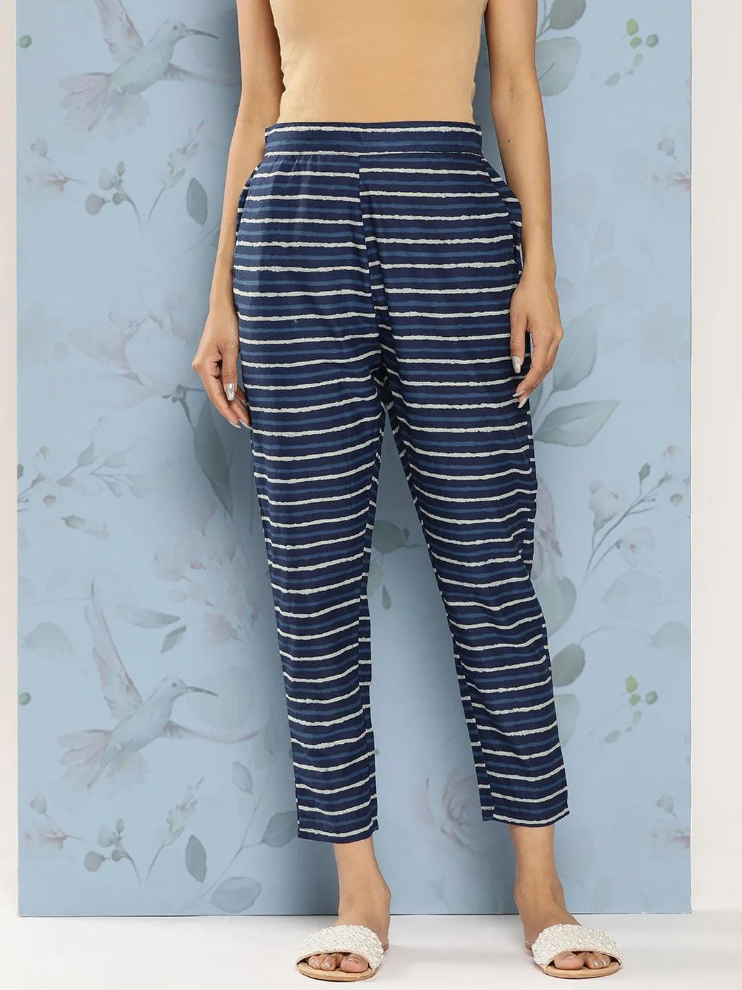 Navy Blue Printed Cotton Trousers - Libas 