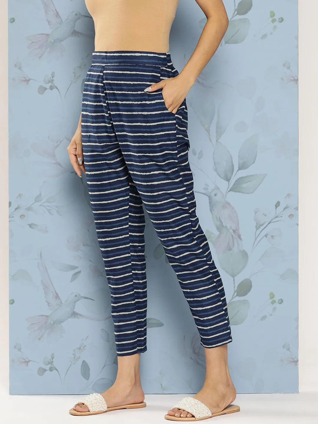 Navy Blue Printed Cotton Trousers - Libas