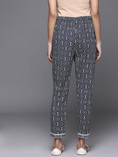 Navy Blue Printed Cotton Trousers - Libas