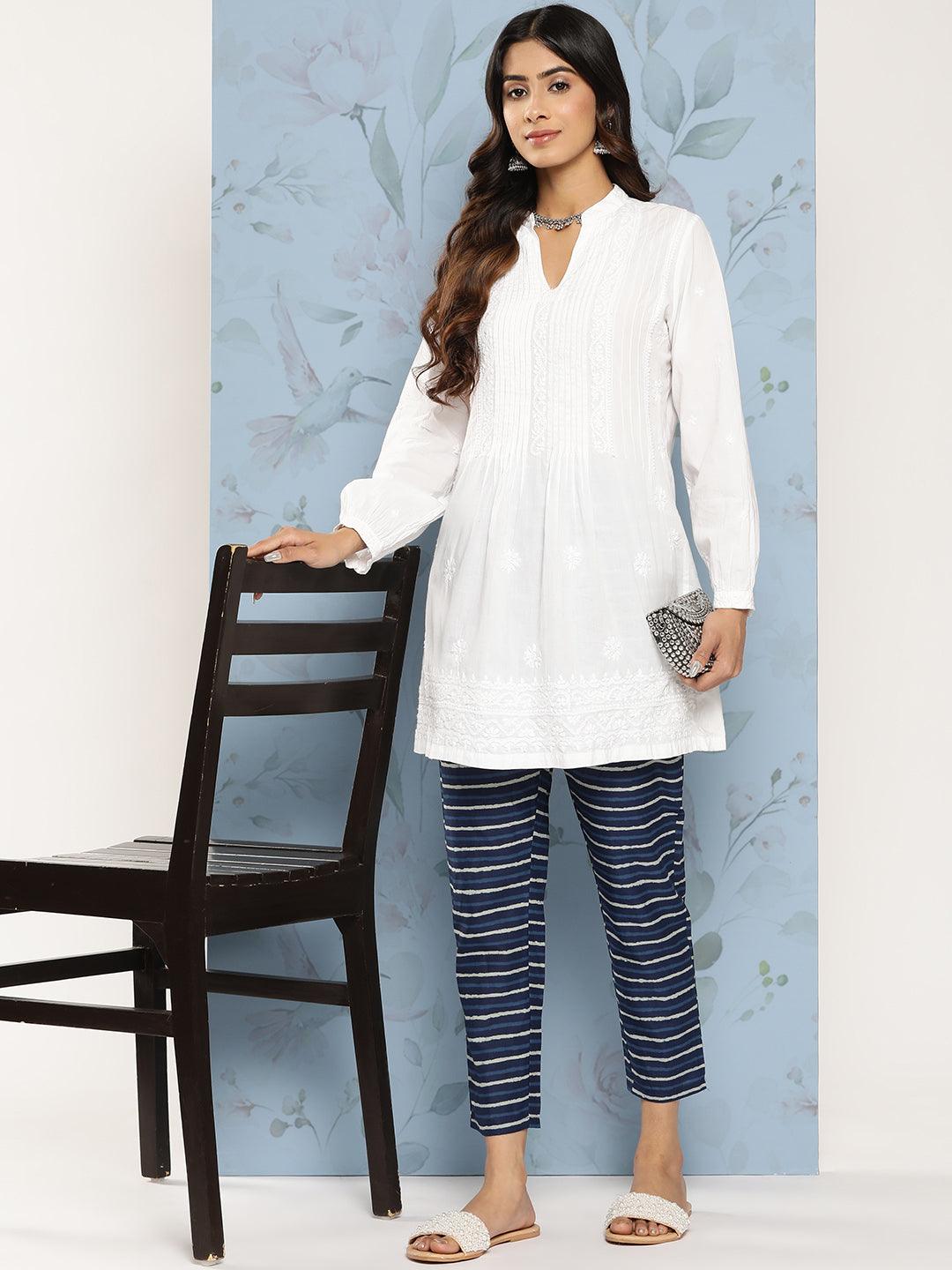 Navy Blue Printed Cotton Trousers - Libas