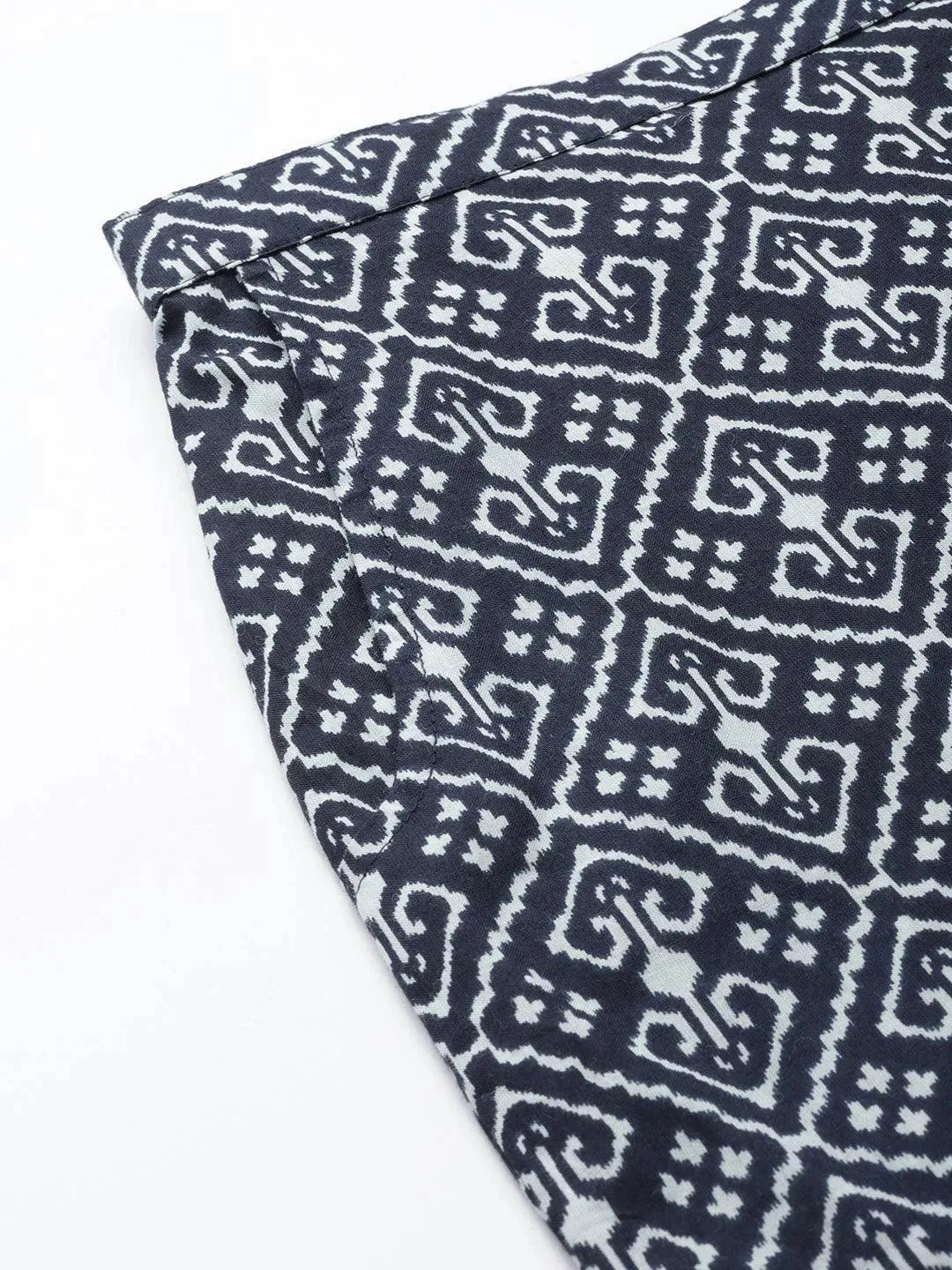 Navy Blue Printed Cotton Trousers - Libas 