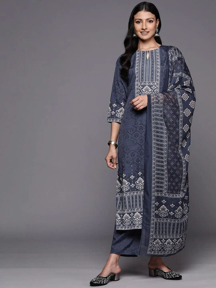 Navy Blue Printed Crepe Straight Suit Set With Trousers - Libas