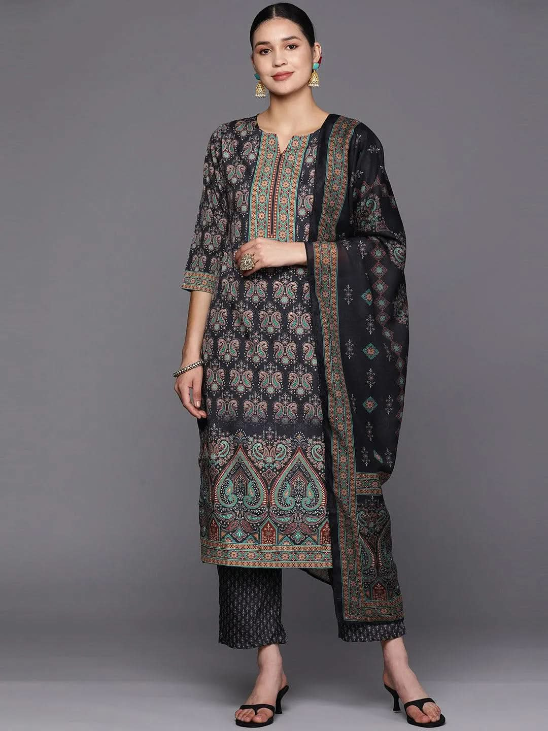 Navy Blue Printed Crepe Straight Suit Set With Trousers - Libas