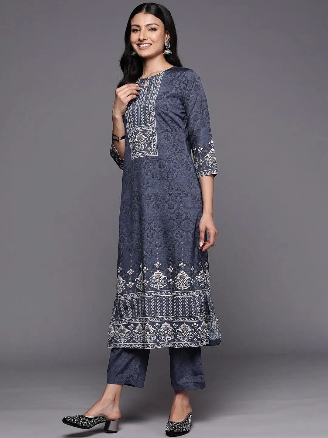 Navy Blue Printed Crepe Straight Suit Set With Trousers - Libas 