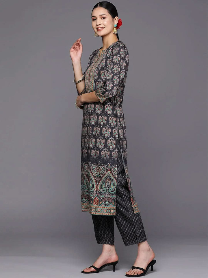 Navy Blue Printed Crepe Straight Suit Set With Trousers - Libas