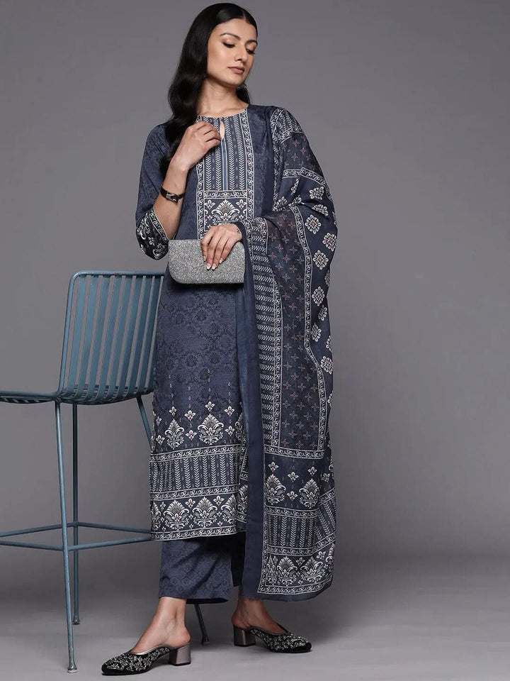 Navy Blue Printed Crepe Straight Suit Set With Trousers - Libas