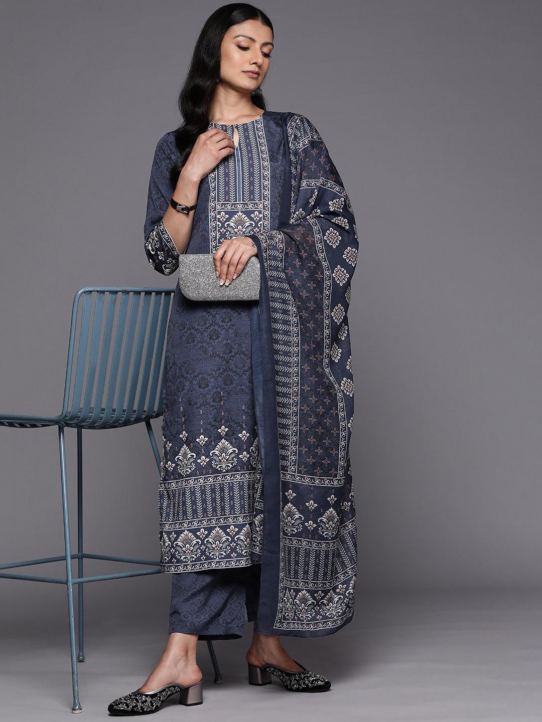 Navy Blue Printed Crepe Straight Suit Set With Trousers - Libas