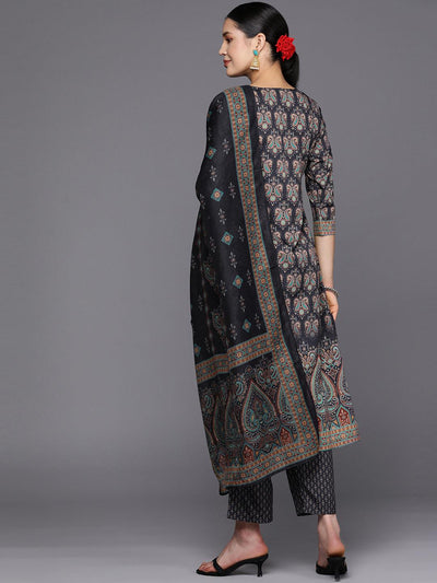 Navy Blue Printed Crepe Straight Suit Set With Trousers - Libas