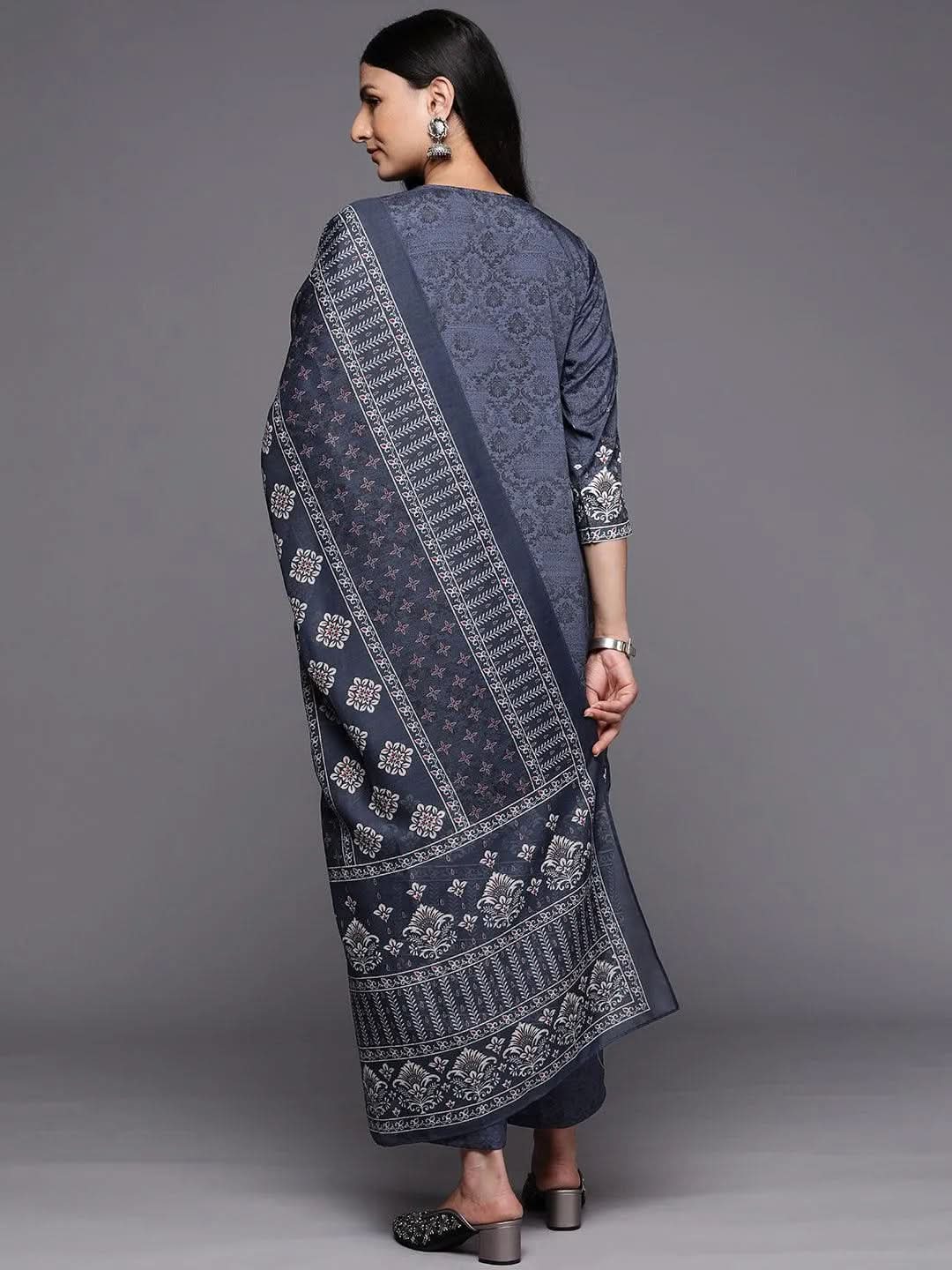 Navy Blue Printed Crepe Straight Suit Set With Trousers - Libas 