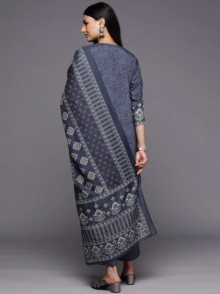 Navy Blue Printed Crepe Straight Suit Set With Trousers - Libas