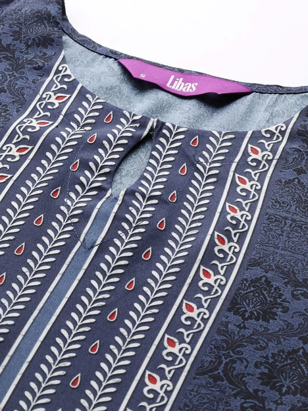 Navy Blue Printed Crepe Straight Suit Set With Trousers - Libas 