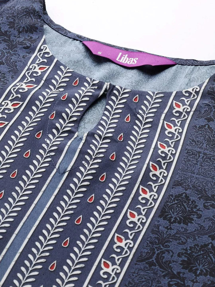 Navy Blue Printed Crepe Straight Suit Set With Trousers - Libas
