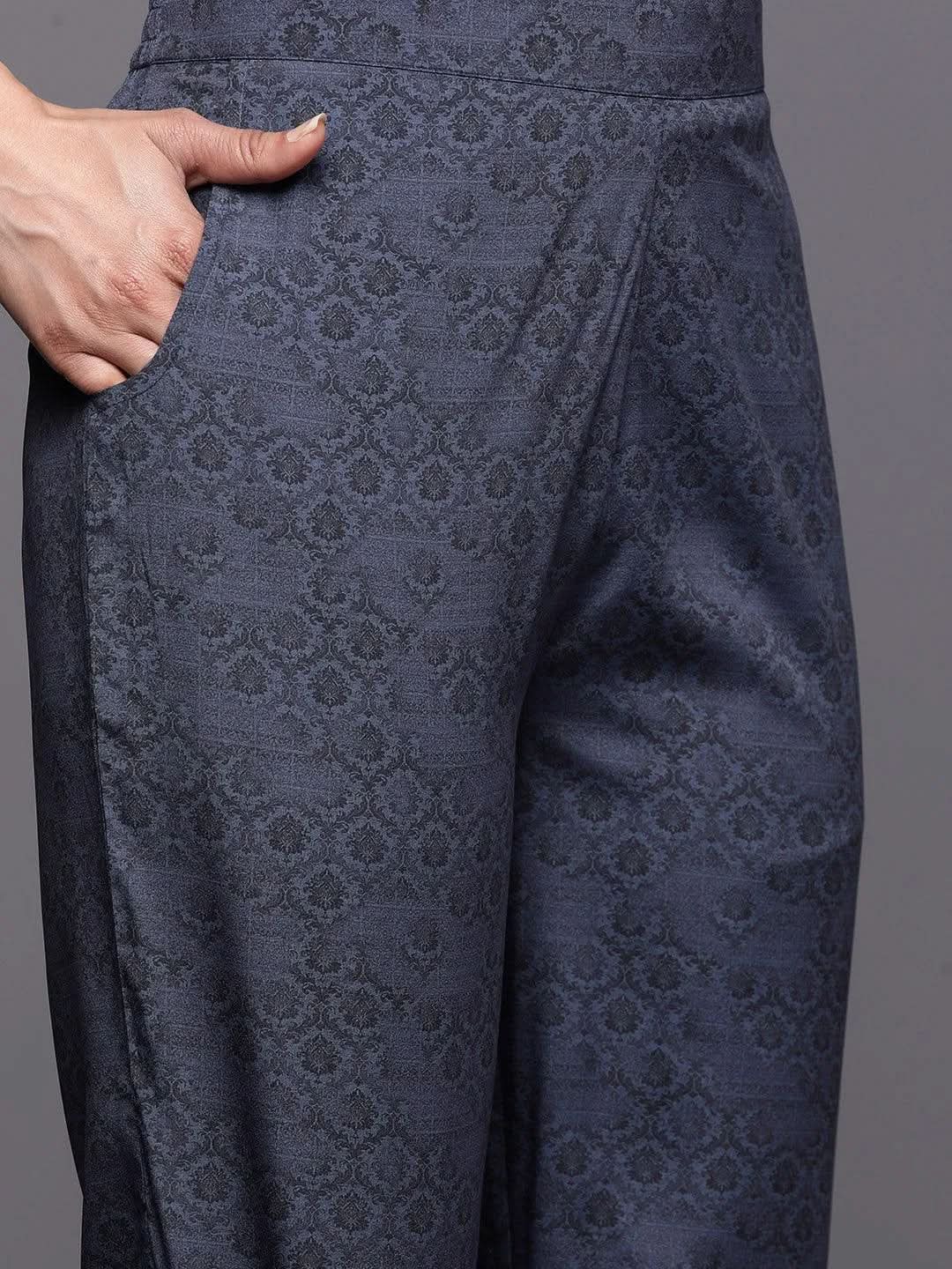 Navy Blue Printed Crepe Straight Suit Set With Trousers - Libas 
