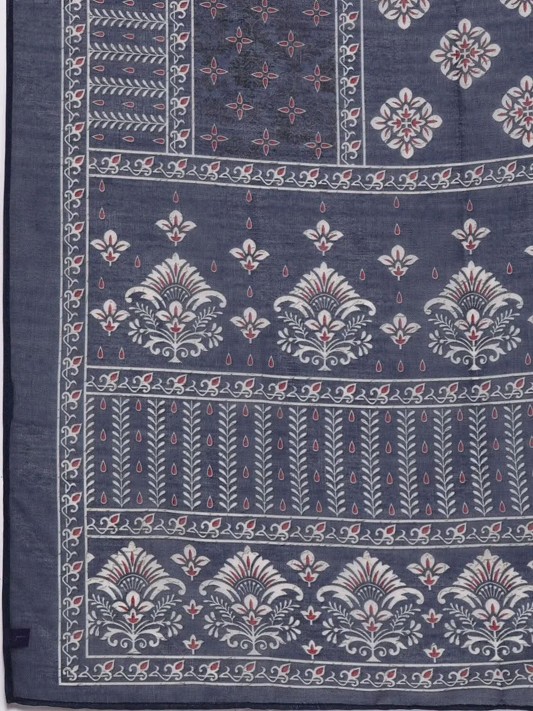 Navy Blue Printed Crepe Straight Suit Set With Trousers - Libas 