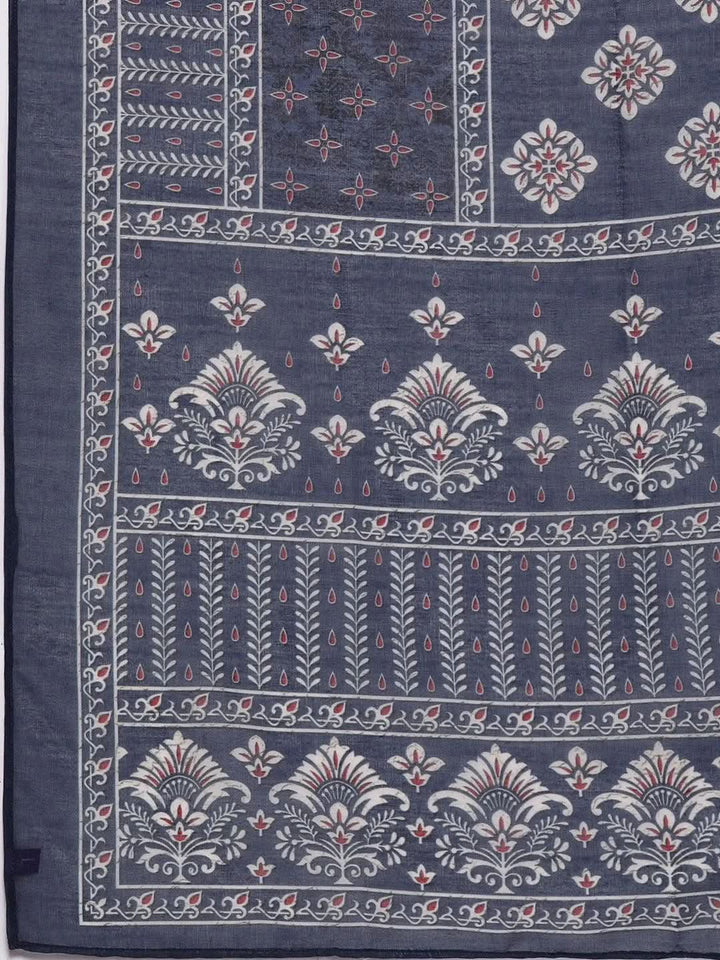 Navy Blue Printed Crepe Straight Suit Set With Trousers - Libas