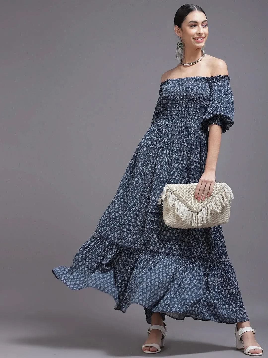 

Buy Navy Blue Printed Georgette Dress - 23501O-XS | Libas Ethnic Wear Online