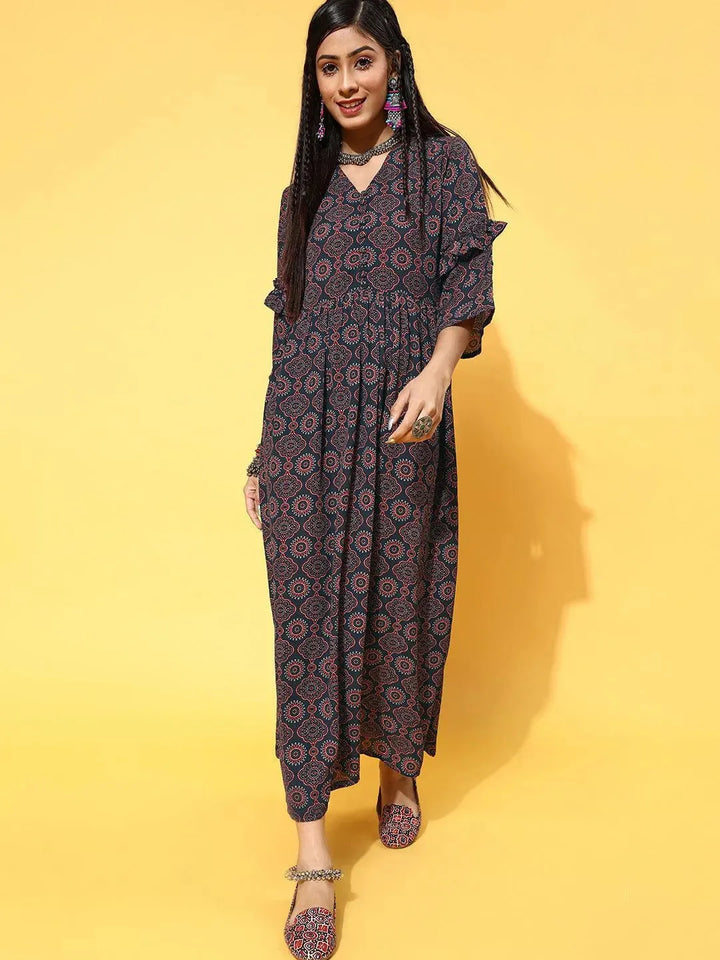 Navy Blue Printed Georgette Dress - Libas