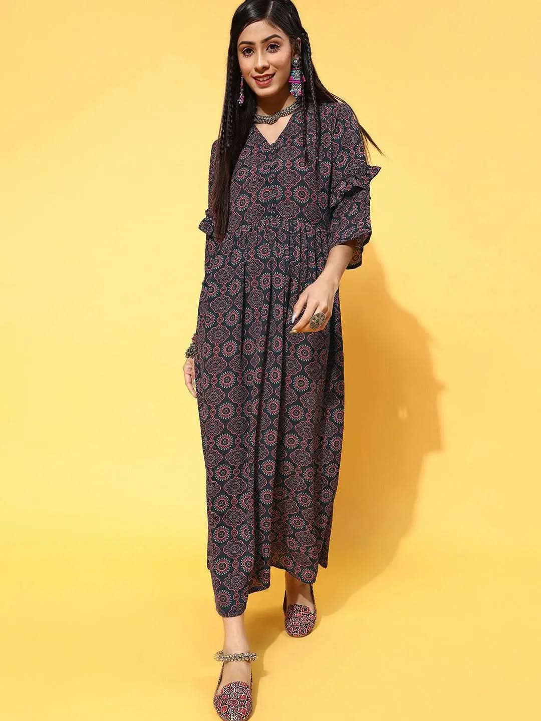 

Buy Navy Blue Printed Georgette Dress - 23496O-XS | Libas Ethnic Wear Online