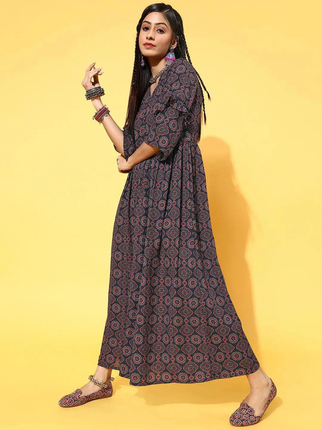 Navy Blue Printed Georgette Dress - Libas