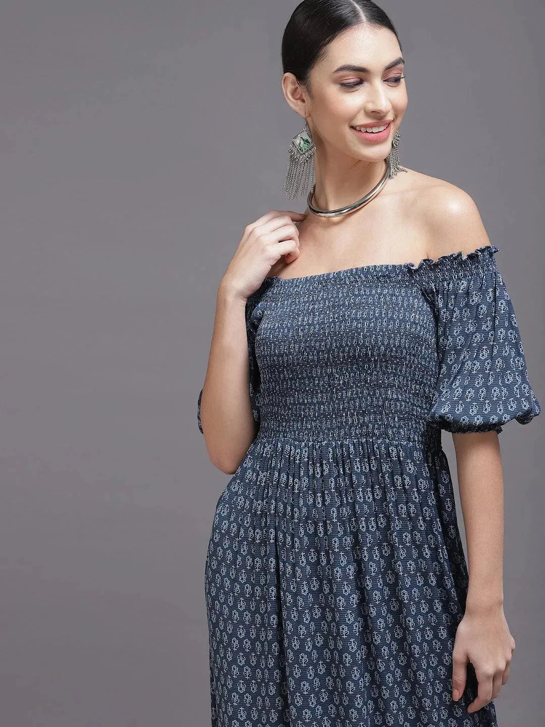 Navy Blue Printed Georgette Dress - Libas 