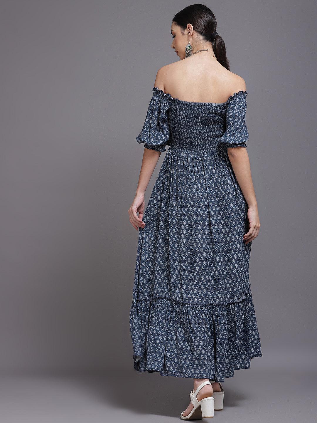 Navy Blue Printed Georgette Dress - Libas
