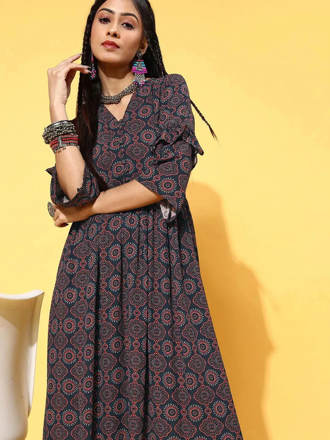 Navy Blue Printed Georgette Dress - Libas