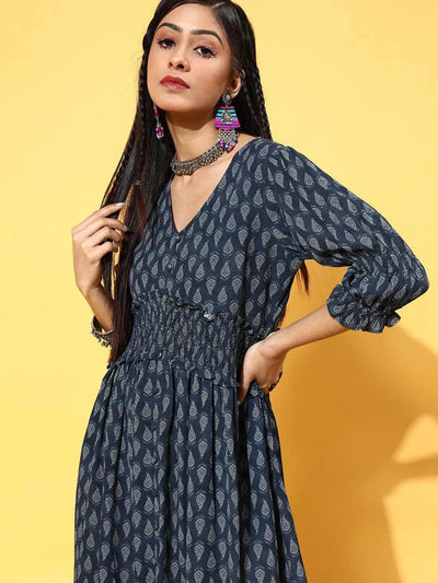 Navy Blue Printed Georgette Dress - Libas