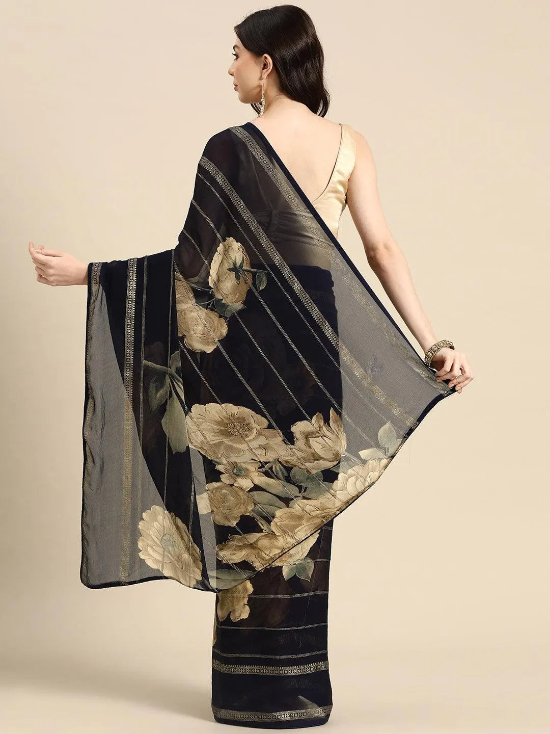 Navy Blue Printed Georgette Saree - Libas 