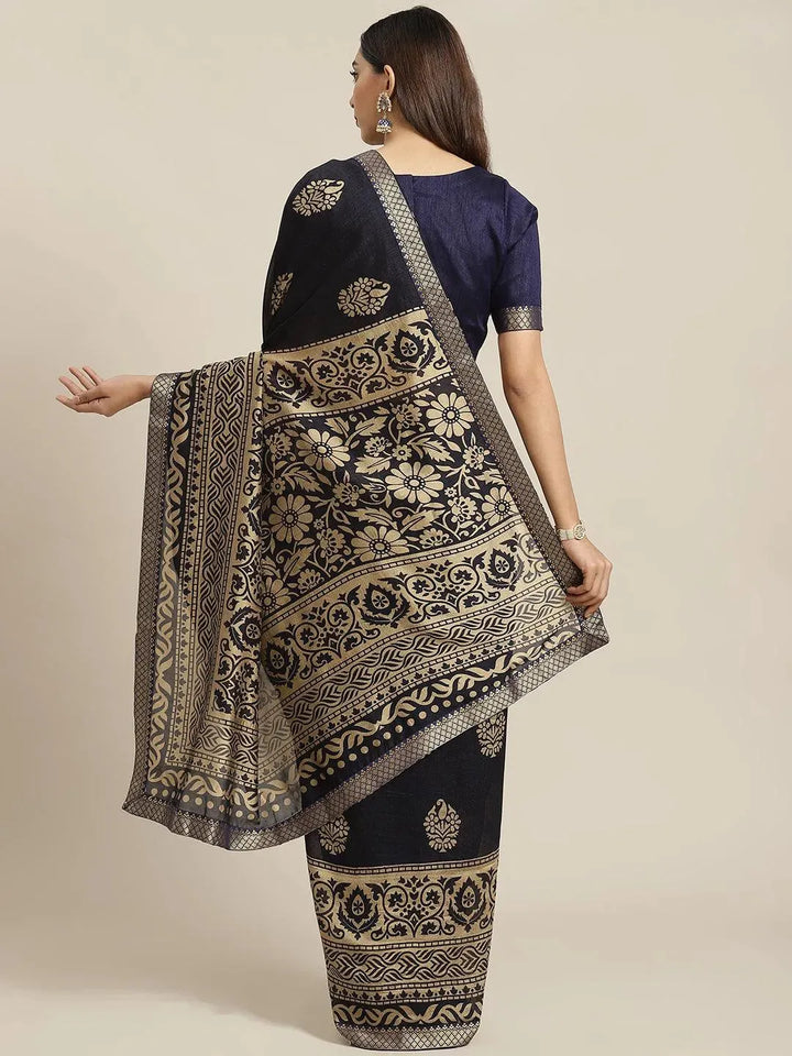 Navy Blue Printed Polyester Saree - Libas