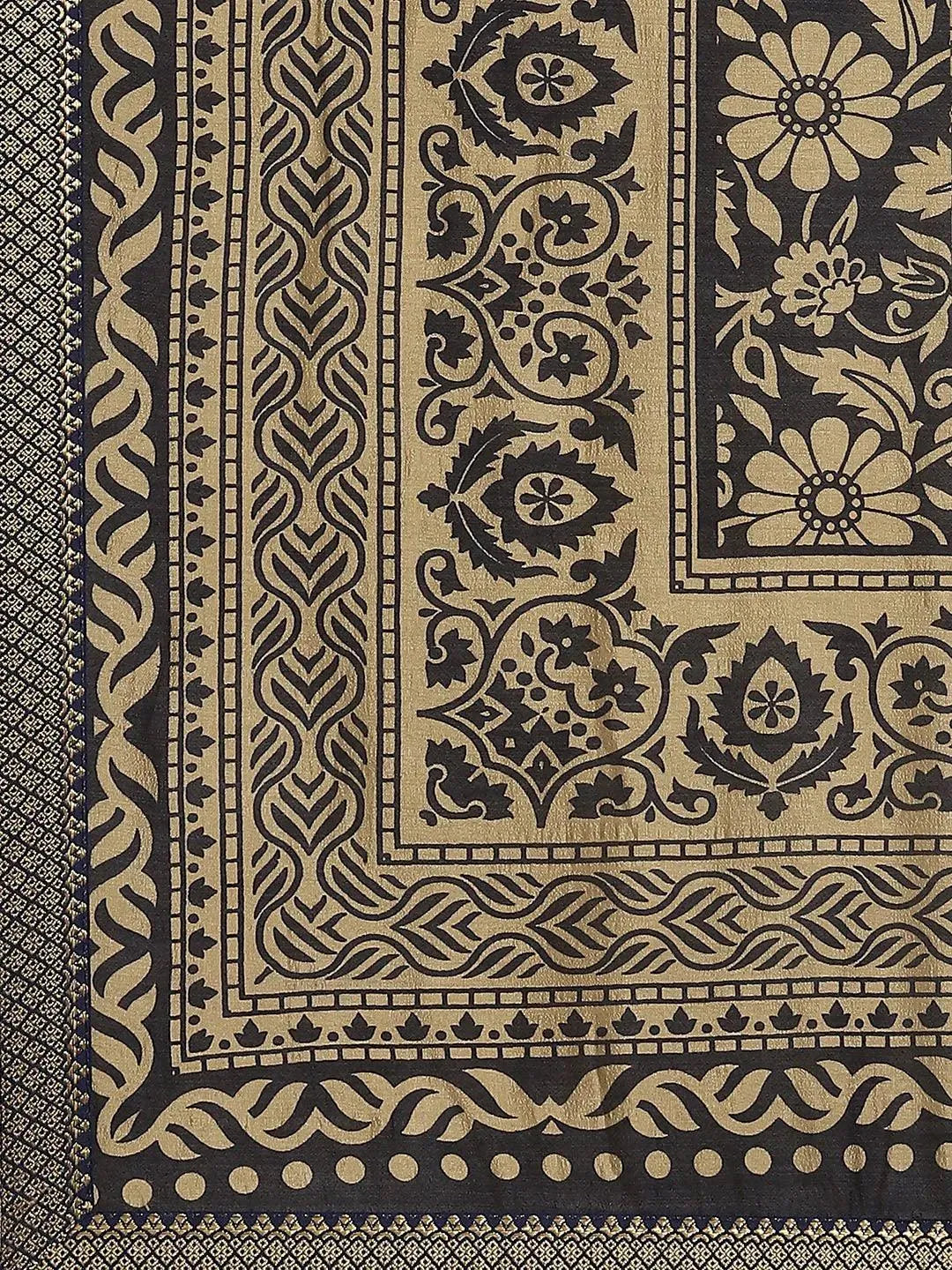 Navy Blue Printed Polyester Saree - Libas 
