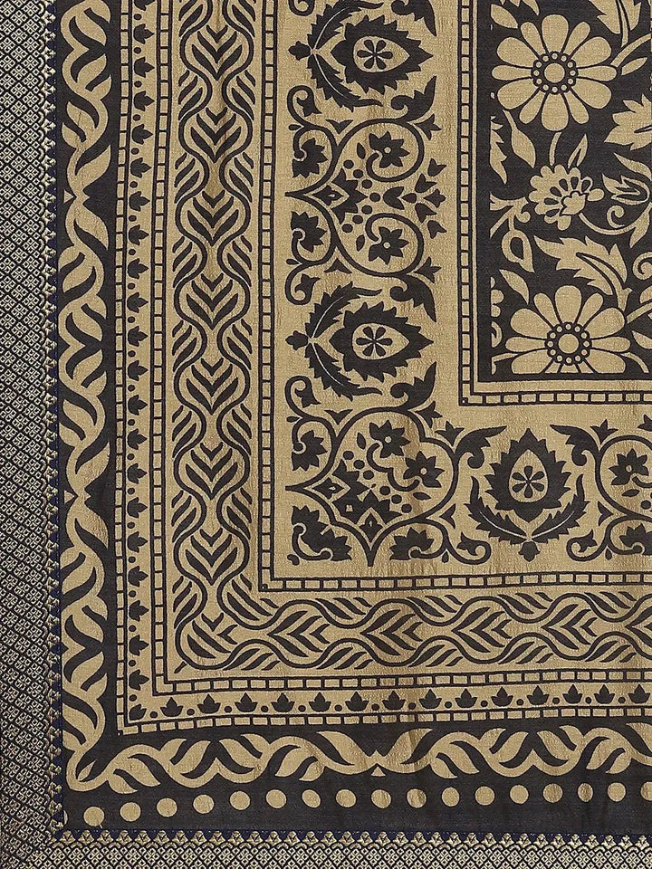 Navy Blue Printed Polyester Saree - Libas