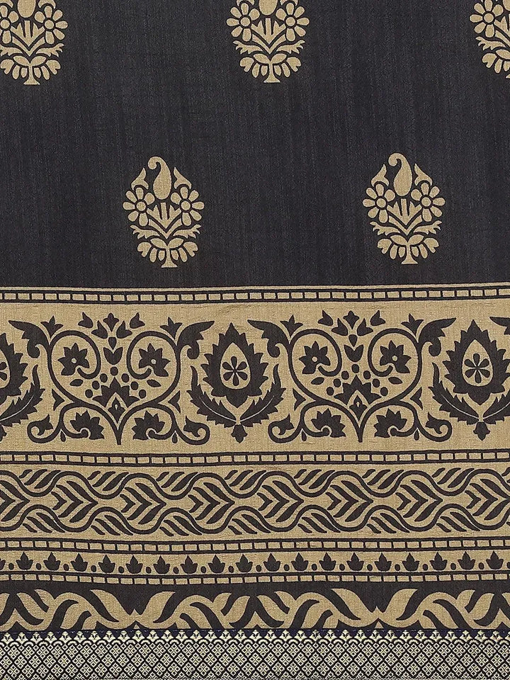 Navy Blue Printed Polyester Saree - Libas