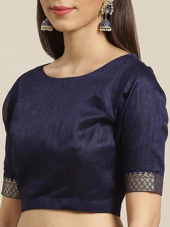 Navy Blue Printed Polyester Saree - Libas