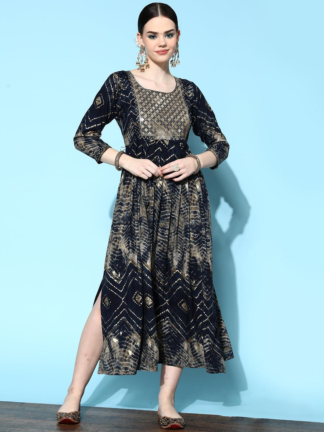 Navy Blue Printed Rayon Fit and Flared Dress