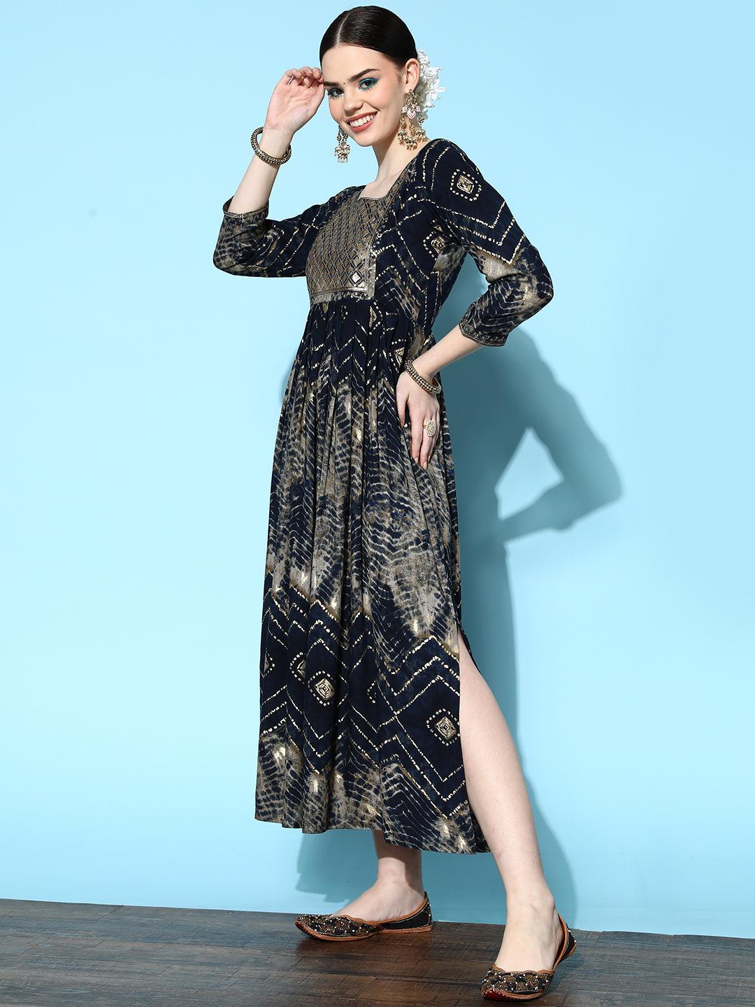 Navy Blue Printed Rayon Fit and Flared Dress