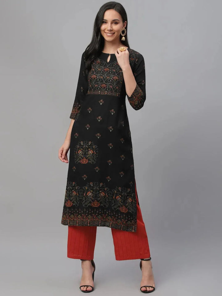 Navy Blue Printed Rayon Kurta - Libas