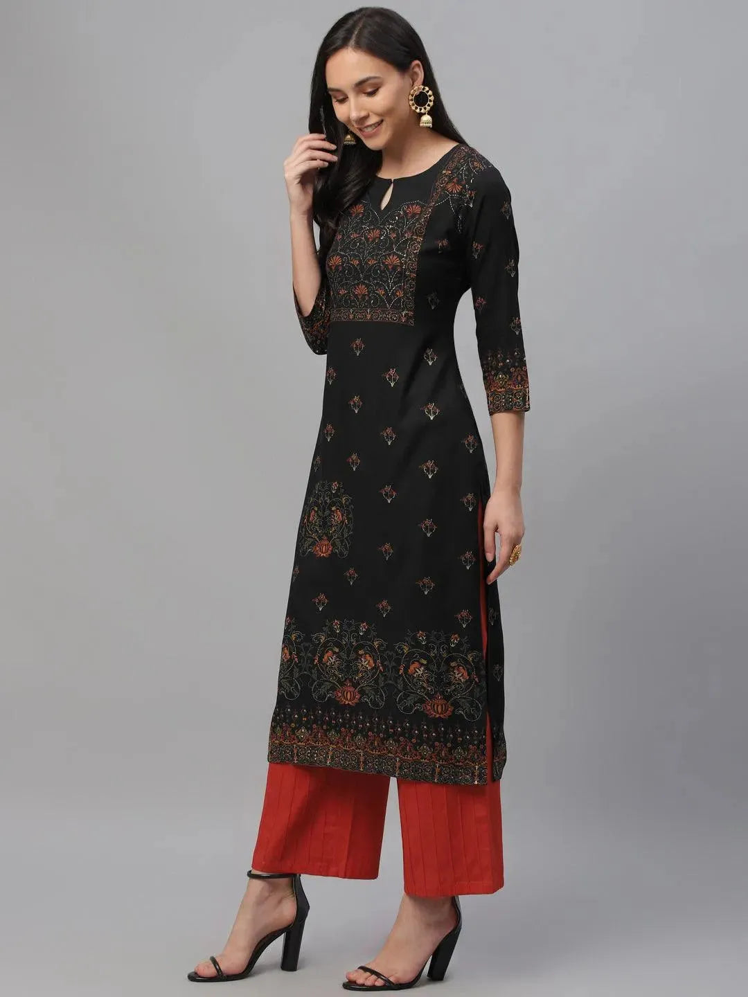 Navy Blue Printed Rayon Kurta - Libas