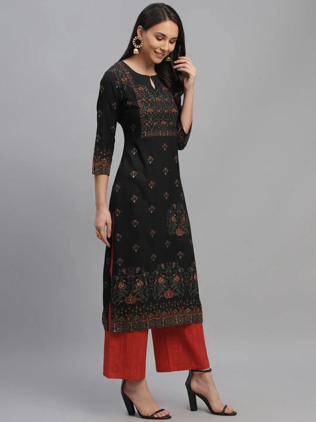 Navy Blue Printed Rayon Kurta - Libas