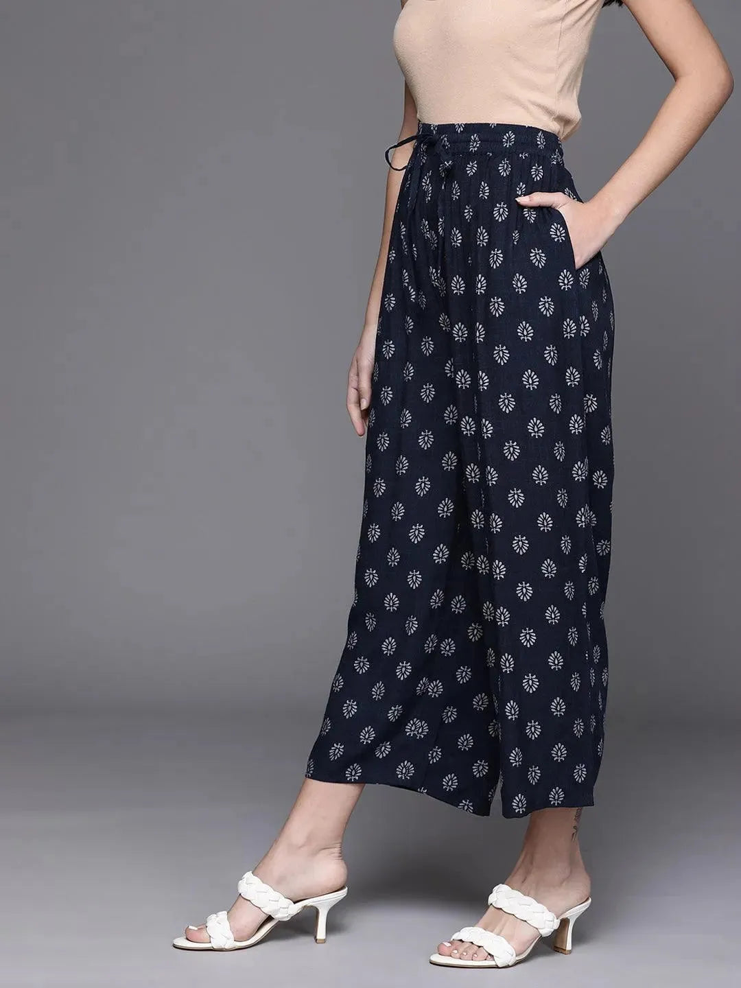 Navy Blue Printed Rayon Palazzos - Libas