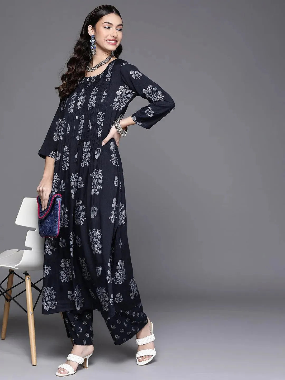 Navy Blue Printed Rayon Palazzos - Libas