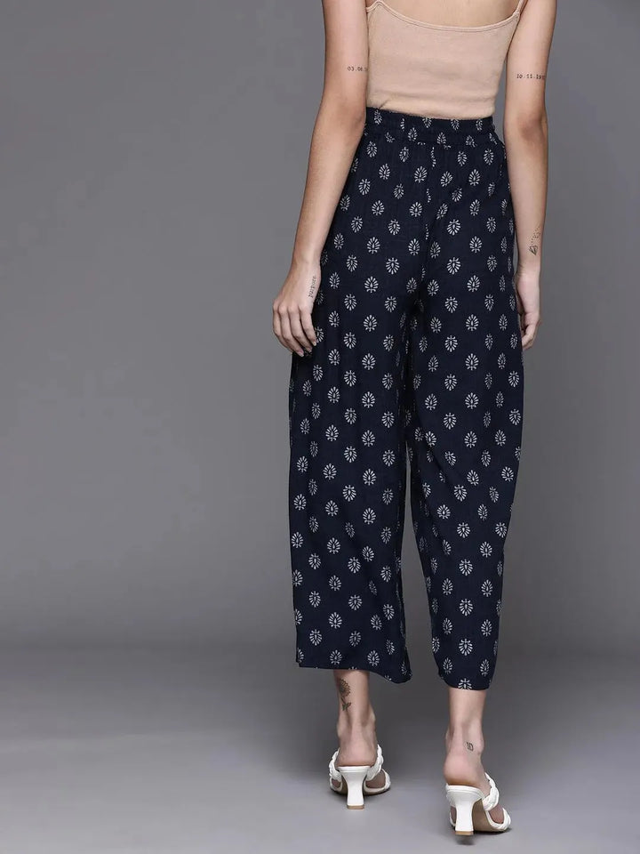 Navy Blue Printed Rayon Palazzos - Libas