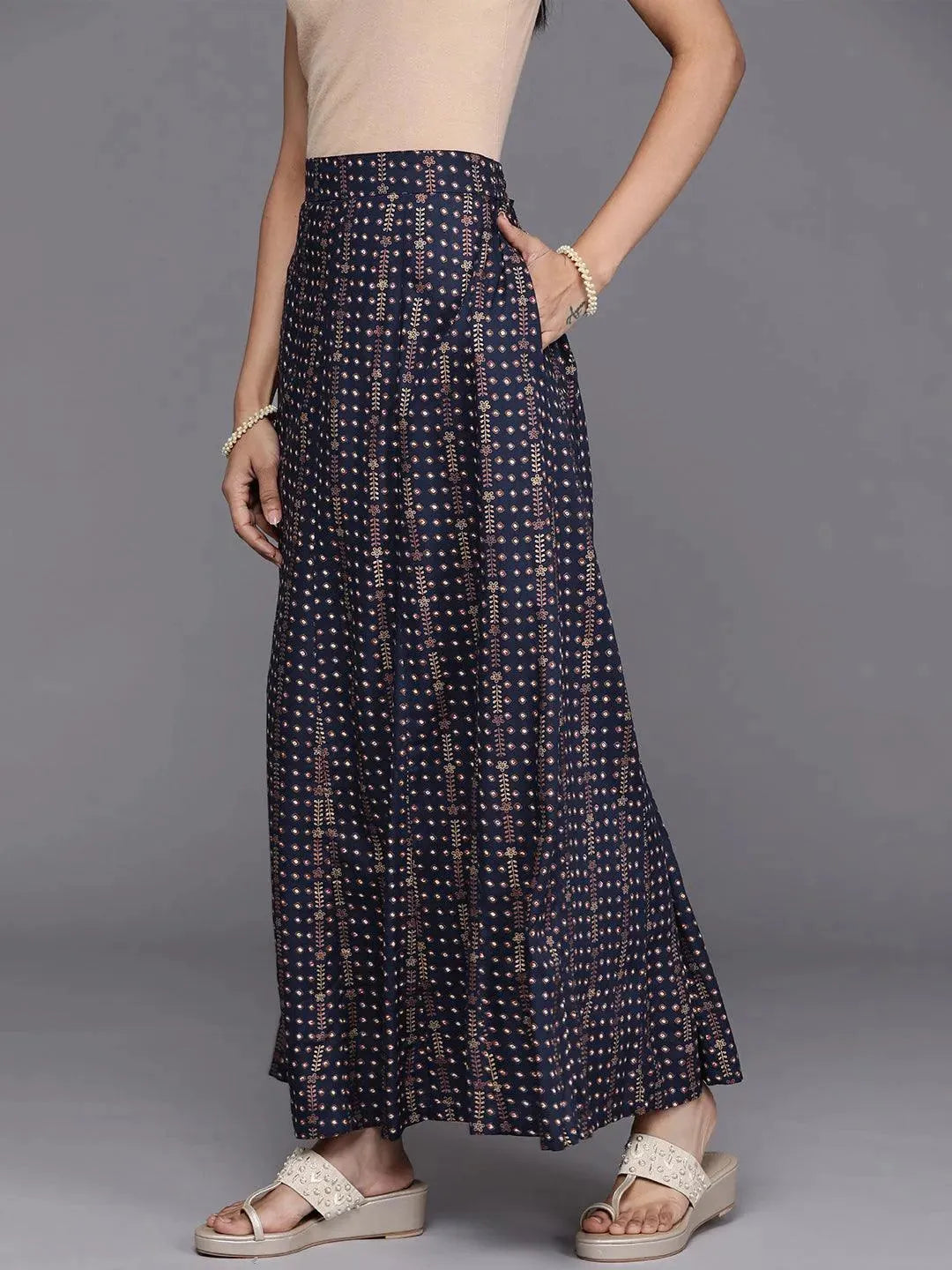 Navy Blue Printed Rayon Skirt - Libas