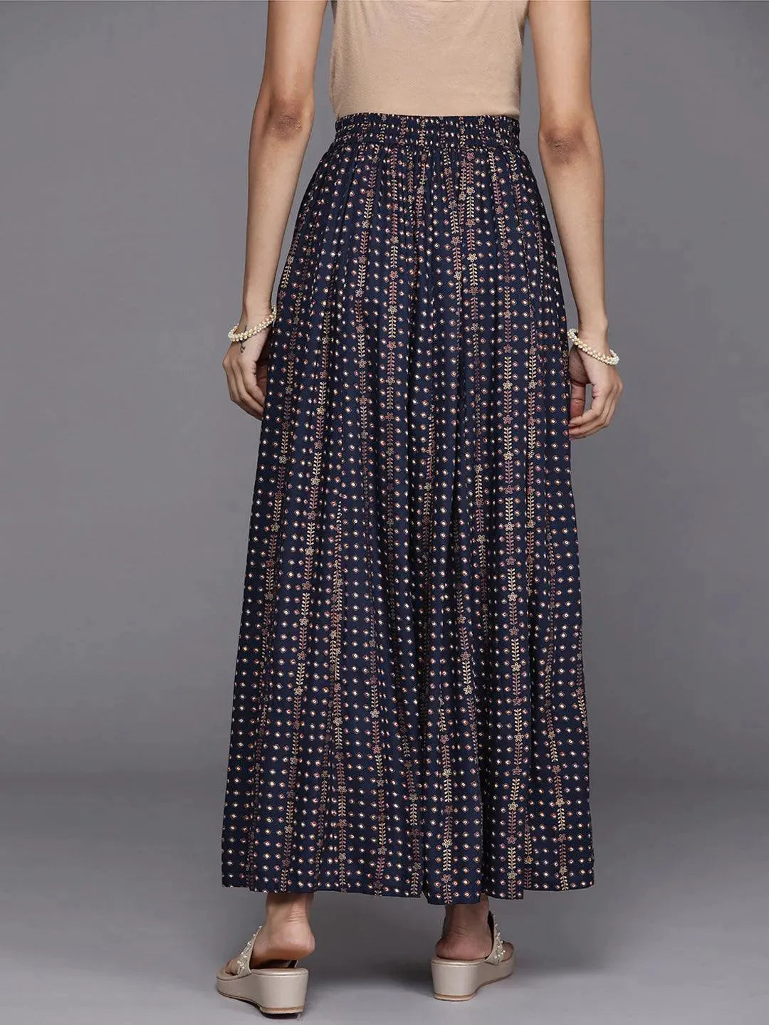 Navy Blue Printed Rayon Skirt - Libas 