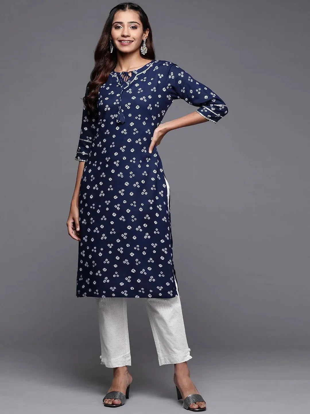 

Navy Blue Printed Rayon Straight Kurta