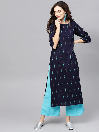 Navy Blue Printed Rayon Straight Kurta - Libas