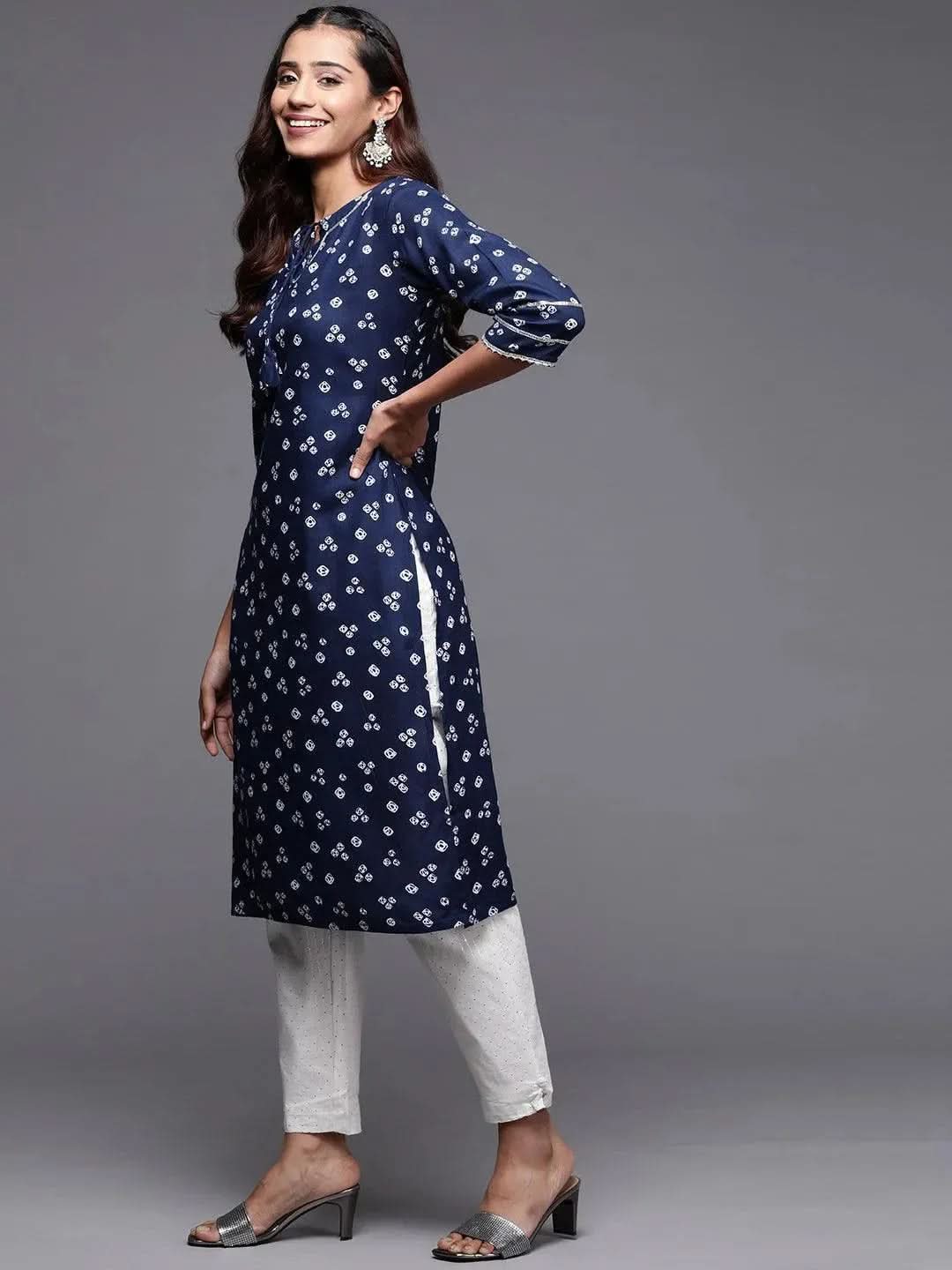 Navy Blue Printed Rayon Straight Kurta - Libas 
