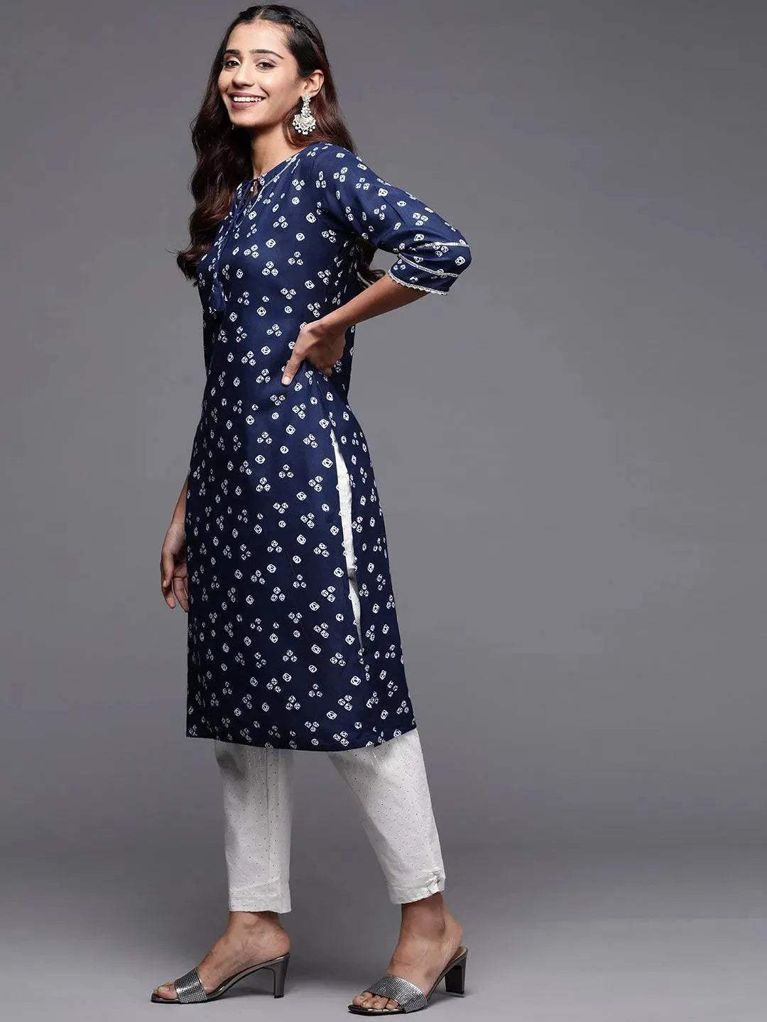 Navy Blue Printed Rayon Straight Kurta - Libas