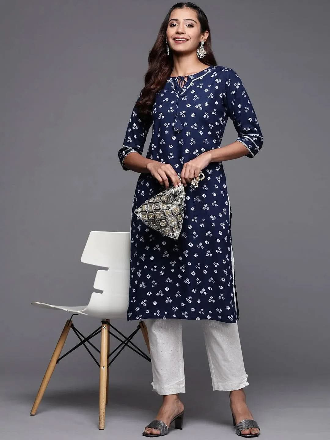 Navy Blue Printed Rayon Straight Kurta - Libas 