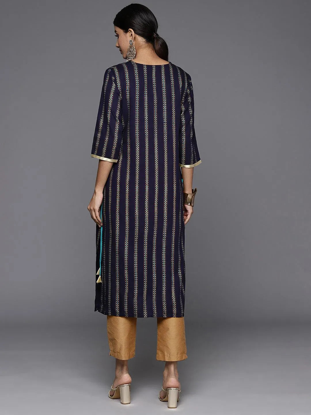 Navy Blue Printed Rayon Straight Kurta - Libas 