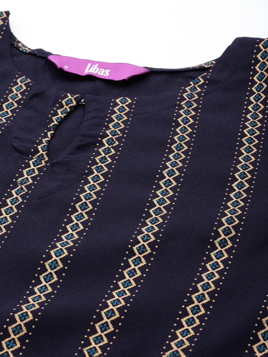 Navy Blue Printed Rayon Straight Kurta - Libas 